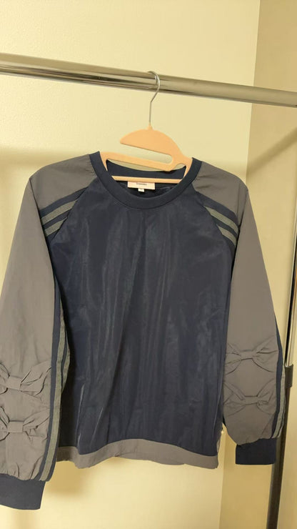 袖リボン×サイドライン 裾ドロスト デザイントップス（全3色）