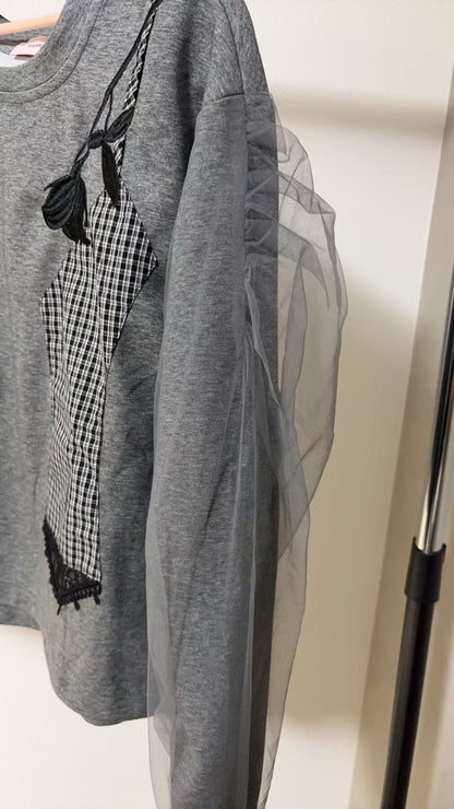 ビスチェ風ドッキング レース×チェック柄 シアースリーブトップス（全4色）