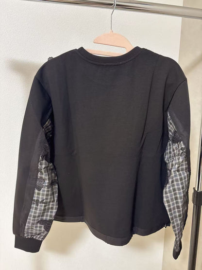 バタフライ刺繍×チェック柄パッチワーク 裾ドロスト デザイントップス（全4色）