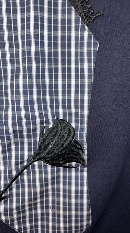 ビスチェ風ドッキング レース×チェック柄 シアースリーブトップス（全4色）