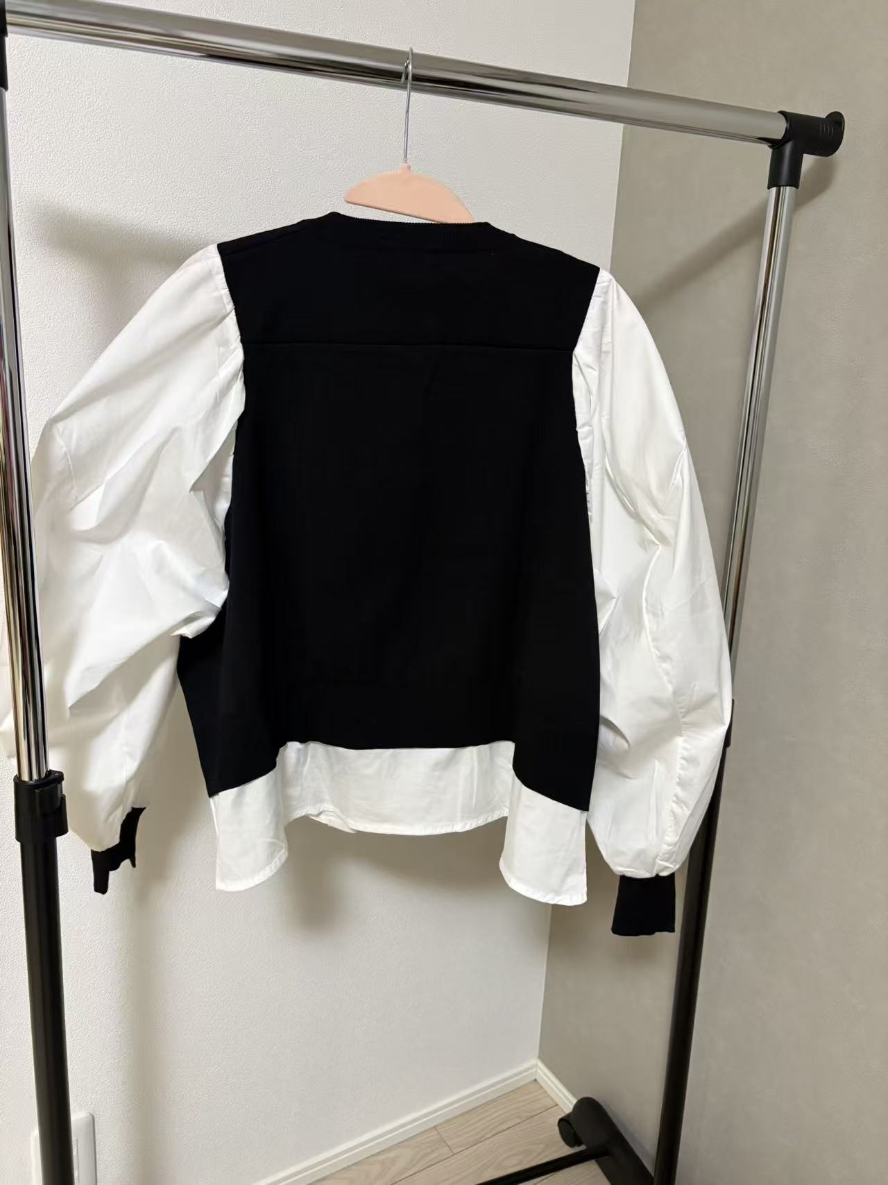 【1枚で完結】ストライプシャツ切替 レイヤード風ニットプルオーバー