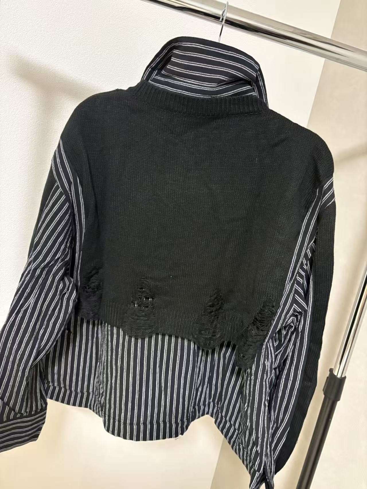 ダメージニット×ストライプシャツ 異素材ドッキング デザイントップス