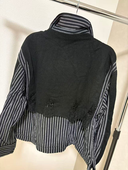 ダメージニット×ストライプシャツ 異素材ドッキング デザイントップス