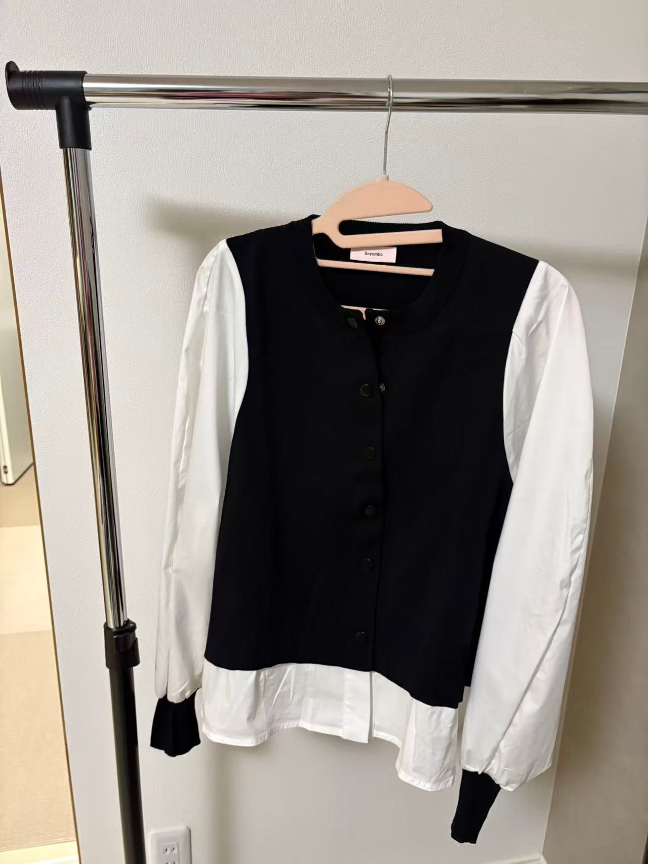 【1枚で完結】ストライプシャツ切替 レイヤード風ニットプルオーバー