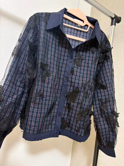 【幻想的な美しさ】バタフライ刺繍×チュール重ね チェック柄デザインシャツ